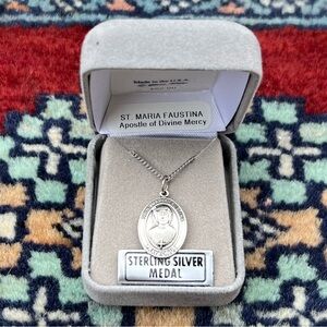 St. Maria Faustina Sterling Silver Oval Religious Medal Necklace 18” Chain